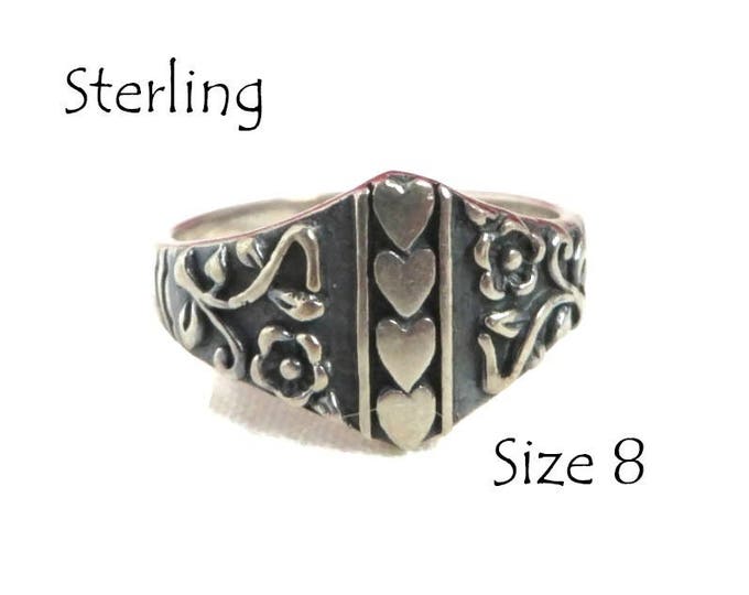 Sterling Silver Heart Ring - Vintage Hearts & Flowers Scrolled Band Ring, Size 8