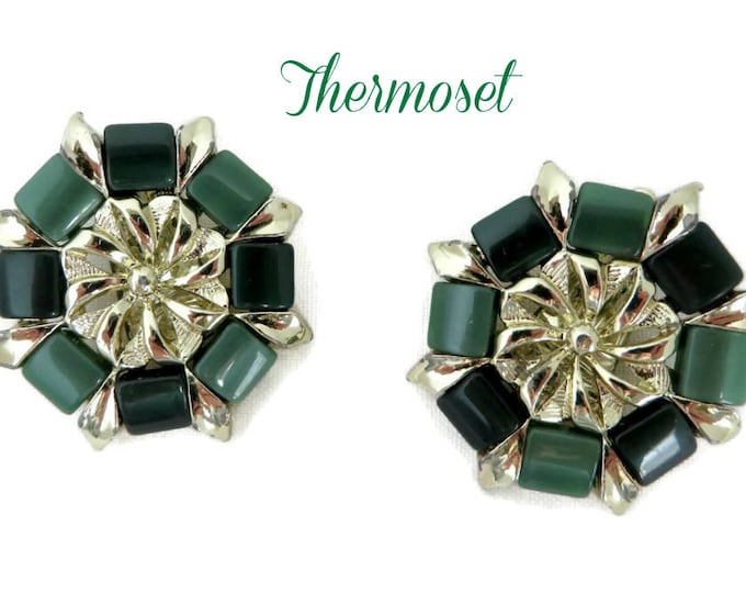 Green Thermoset Earrings - Vintage Goldtone Flower Clip-on Earrings, Gift idea, Gift Boxed