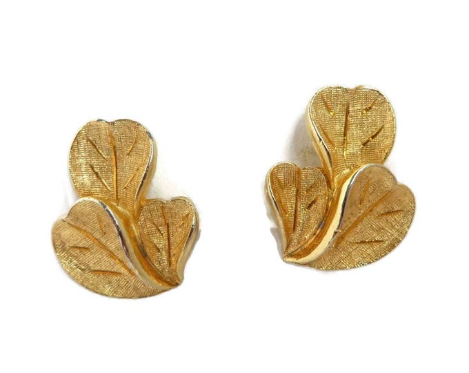 Francois Coro Earrings - Vintage Brushed Gold Tone Leaf Clip-on Earrings, Gift for Her