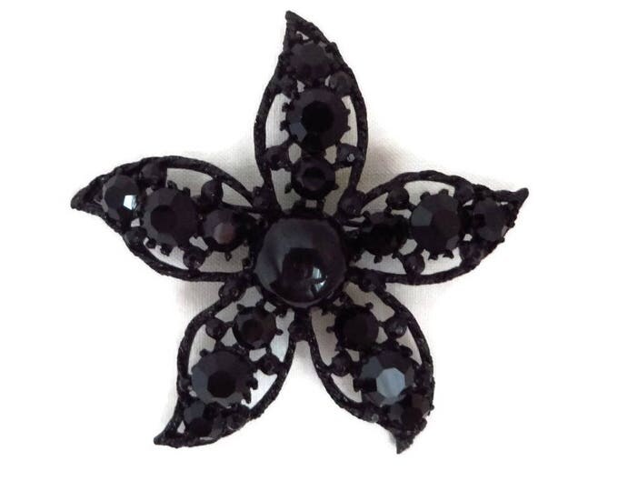 Weiss Mourning Brooch - Jet Black Glass, Rhinestone Flower Pin, Signed Designer Brooch