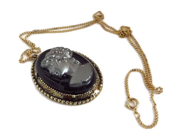 Vintage Cameo Necklace | Black Gray Glass Pendant | Gold Tone Chain Necklace | Flawed Cameo