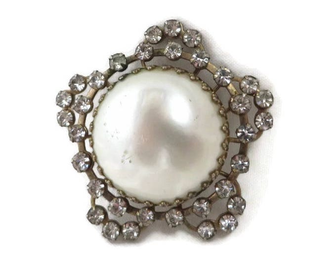Vintage Faux Pearl Silver Tone Rhinestone Brooch