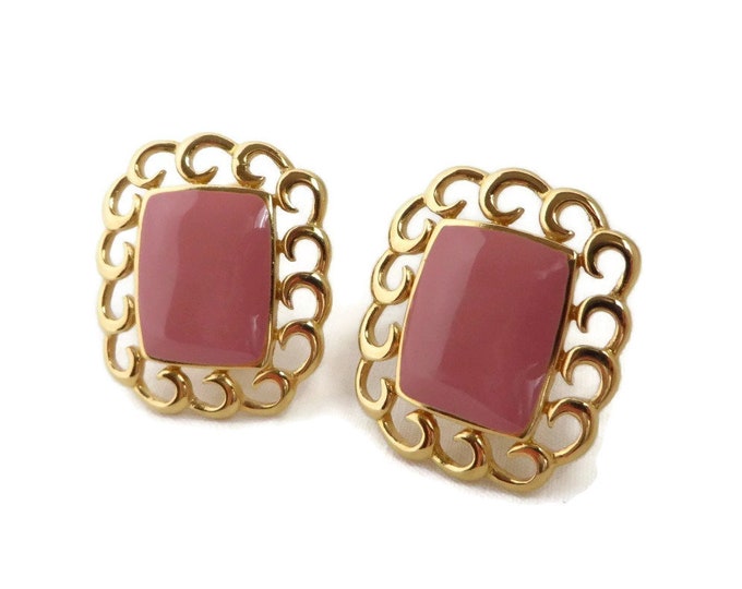 Monet Pink Gold Tone Earrings, Vintage 1970s Dusty Rose Clip-on Earrings