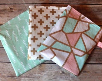 Reusable Snack bag - set of 3 - multi use - lunch bag - Gold/Mint/Coral