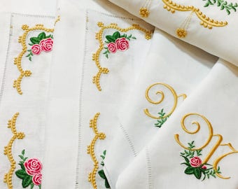 Heirloom Roses Fine Table Linens Collection / Embroidered table linens/Personalized napkins/Embroidered table runner / Embroidered placemats