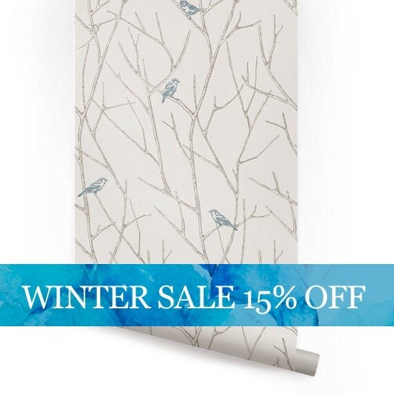 Branch Birds Blue Peel & Stick Fabric Wallpaper Repositionable