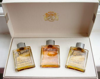 vintage D'Orsay eau de toilette gift set: sealed 0.5 fl. oz. bottles of Divine, Fantastique, Intoxication