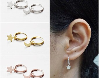 925 Sterling Silver Hoop Earrings, Star and Moon Brushed Earrings, Gold Plated Earrings, Rose Gold Plated, Hoop Earrings (Code : CH3)