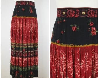 Summer Clearance Vintage 80s 90s Red and Black Floral Maxi Skirt - Boho Hippie Floor Length Broomstick Gypsy Skirt - S M