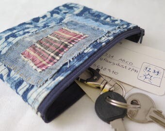 Blue upcycled jeans and linen coin purse, Hand sewn textile art small purse, Eco friendly vegan cards purse