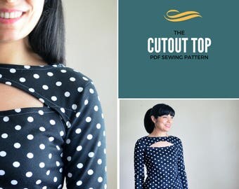 CUTOUT top: Printable PDF sewing pattern for women. Easy beginner sewing top for women, available in sizes 4 to 22. Sewing tutorial inc
