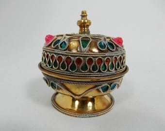 Vintage Brass Trinket Jewelry Box with Faux Gemstone Decoration Pink Green