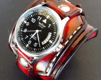 Red and black leather watch cuff, Men's leather watch, Leather wrist watch, Anniversary gift, Dad's gift, Leather wrist watch