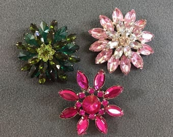 Three Vintage Rhinestone Brooches-Pink and Green . Free shipping