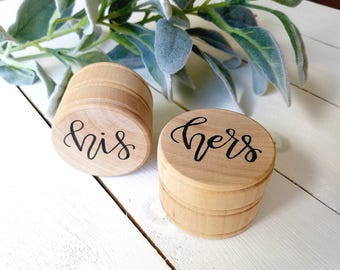 His Hers Ring Boxes Set of Two SMALL Natural Round Wood Ring Boxes Hand Lettered Ring Holders Wedding Ring Boxes His Hers Ring Bearer Boxes
