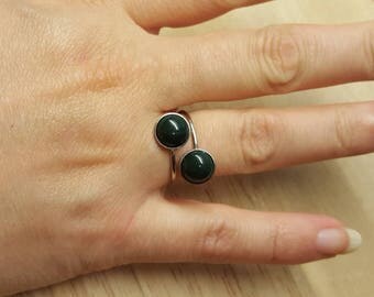 Hypoallergenic Bloodstone ring. Adjustable Bypass Stainless steel ring. March birthstone. Reiki jewelry. Green 8mm Two stone ring