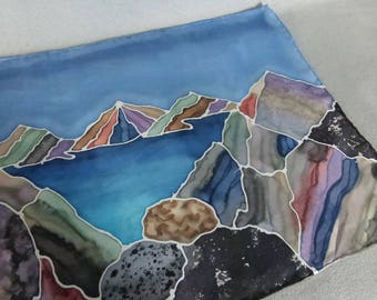 Silk Scarf "Sierra Landscape", Hand Painted Silk Scarf, Brown and Blue Silk Scarf