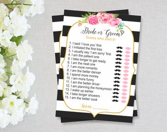 Kate Spade Bridal Shower Games, He Said or She Said Game, INSTANT DOWNLOAD, Bridal Shower Activities, Printable Games, Shower Games