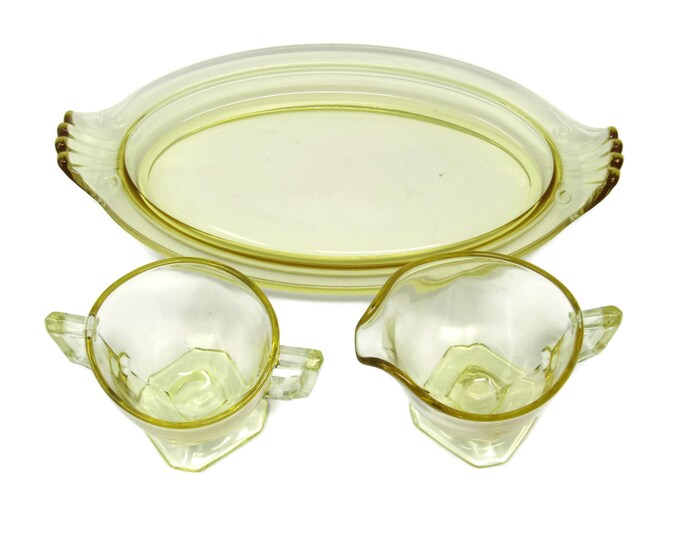 Yellow Depression Glass Cream and Sugar With Tray - Yellow Depression Glass Serving - Rare Depression Glass Boat Shaped Tray