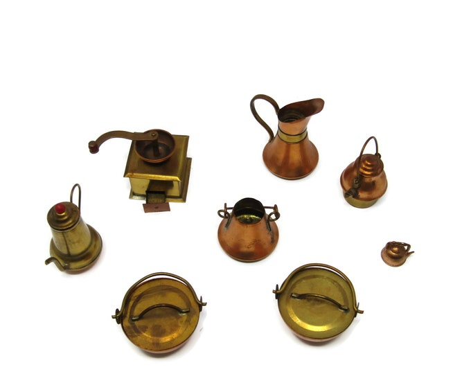 Kitchen and Serving Themed Brass Miniatures with Shelf - Price Imports 8 Piece Set - Classic Forms Made in Japan