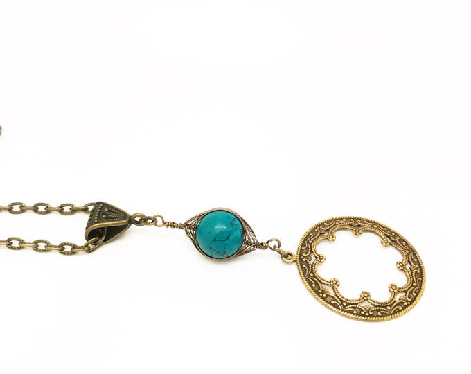 Boho Turquoise Brass Necklace, Brass Bohemia Long Necklace, Fashion Turquoise Necklace
