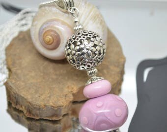 Necklace 76 cm glass beads handmade Lampwork pink chain Silver 925!