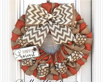 Happy Harvest Burlap Wreath - Orange, Natural, Gray Chevron Burlap Wreath, Chevron Wreath, Fall Wreath Decor , Fall Decor, Everyday Wreath