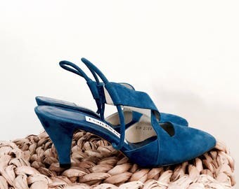 VINTAGE• 1990s Evan Picone Cobalt Blue Strappy Suede Heels• Super soft suede