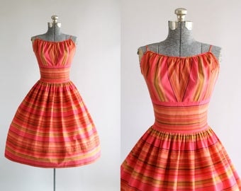 Vintage 1950s Dress / 50s Cotton Dress / Pink and Green Striped Sun Dress w/ Shelf Bust S/M