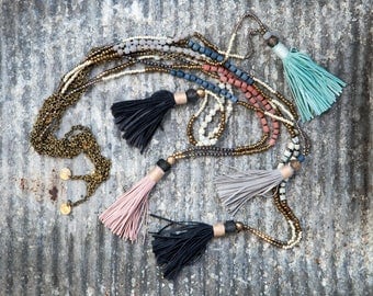 Long beaded necklace. Tassel necklace