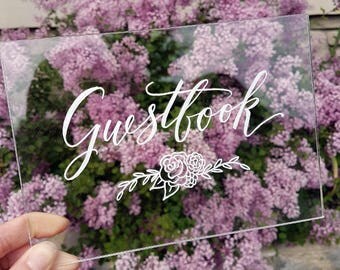 ACRYLIC GUESTBOOK SIGN - handlettered calligraphy, plexiglass, acrylic sign for wedding, lucite sign, plexiglass
