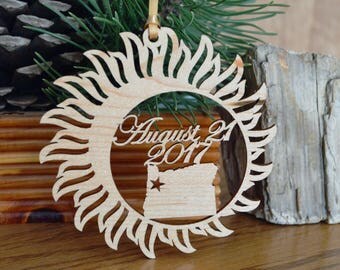 Oregon Solar Eclipse ornament wood cut decoration. Laser cut Total Solar Eclipse ornament Path of Totality through Oregon