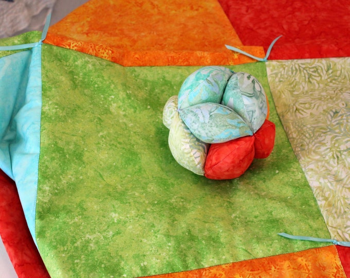 Modern Batik Hand Made Quilt and Montessori Ball Set. Bright Color Block Batik Turquoise, Green, Red, Orange Quilt and Clutch Ball Gift Set