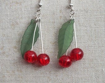 Cherry earrings, cherries earrings, fruit earrings, red and green earrings