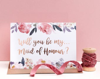 Rose gold maid of honor card - Will you be my maid of honour - Bridesmaid proposal card - Blush pink card - Luxury floral wedding card