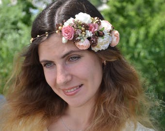Wedding halo Ivory wedding headband Brown Bridal headband Flower crown Flower halo Bridal headpiece Rustic wedding Woodland flower crown