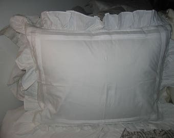 Vintage White Linen Standard Sham 21” x 27” Ruffles