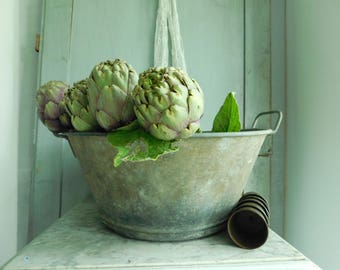 French zinc basin Vintage zinc bowl Zinc bowl with handles Galvanized basin Vintage zinc Garden planter Industrial decor Country home