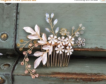 50% OFF Floral Bridal Hair Comb, Gold Wedding Hair Comb, Rhinestone Bridal Headpiece, Rose Champagne Crystal Romantic Side Comb