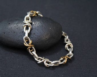 Sterling Silver and Brass Taxco Link Bracelet, Sterling Taxco Bracelet, Silver Taxco Jewelry, Mexican Sterling Silver Link Bracelet