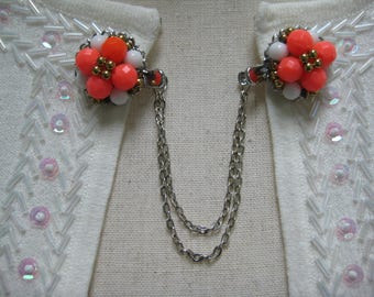 Vintage Sweater Clip, Upcycled, Shawl Clip, Special OccasionJewelry, Scarf Clip, Orange White, Hand Crafted, Recycled Jewelry, One of a Kind