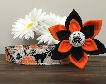 Dog collar, halloween dog collar, orange halloween dog collar, orange dog collar, ghost dog collar, flower , collar flower, dog flower