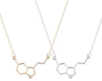 Serotonin Molecule Structure Necklace, Science Necklace, Serotonin Charm Necklace Chemical structure happy hormone, Gold Serotonin Necklace