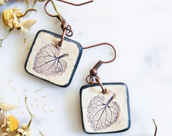 Ceramic Leaf Imprint Drop Earrings with Black Glaze