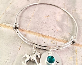 New mom bracelet, Baby name bracelet, rocking horse Charm Bracelet, name bracelet, birthstone charm, birthday gift, new mom, push present