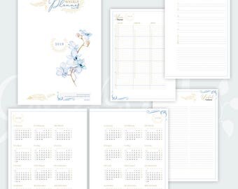 2018 Planner including: Weekly Planner, address book and 2018 & 2019 Yearly Calendar • Gold and blue colors • Watercolour design