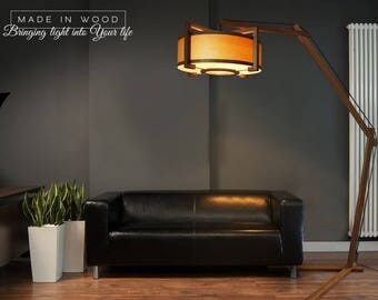 Floor lamp made from solid oak and ash veneer. Modern arch style. Also possible to buy matching pendant / ceiling light