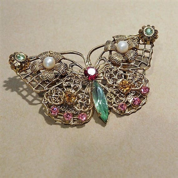 Czech Butterfly Brooch / Czechoslovakia Signed Brooch / Rhinestone Butterfly Brooch / Czech Filigree Brooch / 1930s Art Deco Brooch