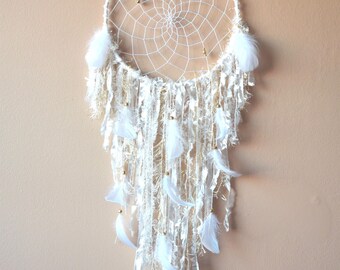 Boho Dream Catcher, Large White Gold Dreamcatcher, Shabby Chic Nursery Wall Decor, Wall Hanging Bedroom Wall Decor, Nursery Decor