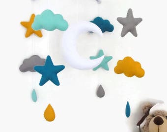 baby crib mobile . Baby musical mobile for baby's decor. Personalized mobile. nursery decor. personalized nursery. moon stars clouds